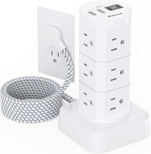 Power Strips with Surge Protection, Flat Plug Power Strip with 12 Outlets 4 USB Ports, Charging Station Tower 1875W/15A 1080J 6Ft Extension Cord...