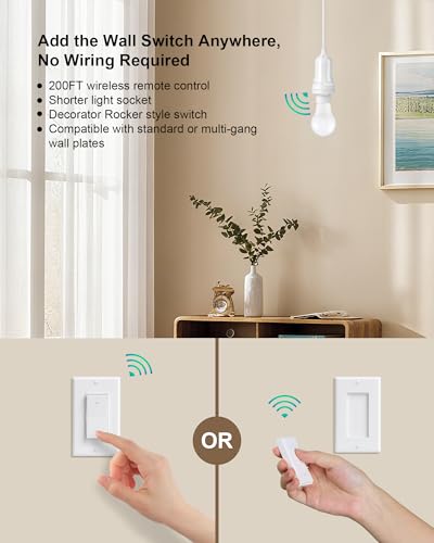 Remote Control Light Bulb Socket, Decorator Rocker Wall Switch, 200FT Range Wireless Light Switch for Pull Chain Light Fixture, E26 E27 Base, No...