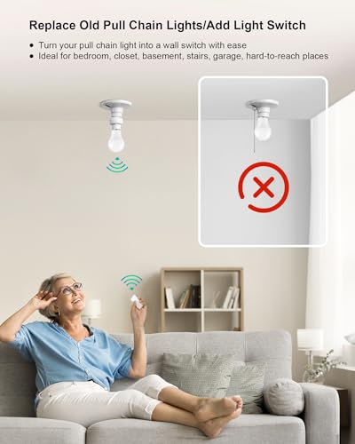 Remote Control Light Bulb Socket, Decorator Rocker Wall Switch, 200FT Range Wireless Light Switch for Pull Chain Light Fixture, E26 E27 Base, No...