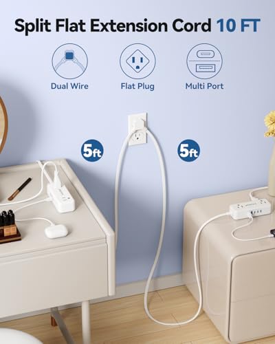 Split Extension Cord 10FT (5FT on Each Side), Single Flat Plug Twin Extension Cord with 4 AC Outlets, 2 USB-A & 3 USB-C(24W/4.8A), Nightstand...