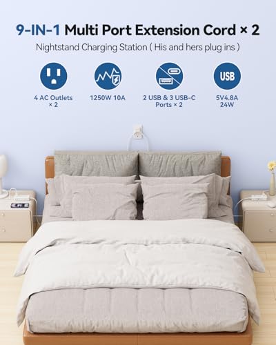 Split Extension Cord 10FT (5FT on Each Side), Single Flat Plug Twin Extension Cord with 4 AC Outlets, 2 USB-A & 3 USB-C(24W/4.8A), Nightstand...