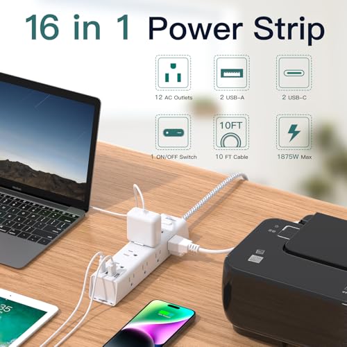 Surge Protector Power Strip - 10 FT Extension Cord, Power Strip with 12 Widely AC Outlet 4 USB, Flat Plug Wall Mount Overload Protection, 1050J,...