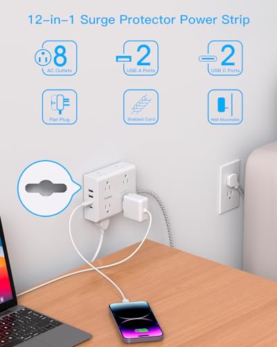 Surge Protector Power Strip 15 Ft Cord, Ultra Thin Flat Extension Cord with 8 Outlets 4 USB Ports(2 USB C), Flat Plug Power Strip, 15 Ft Long...