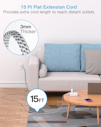 Surge Protector Power Strip 15 Ft Cord, Ultra Thin Flat Extension Cord with 8 Outlets 4 USB Ports(2 USB C), Flat Plug Power Strip, 15 Ft Long...