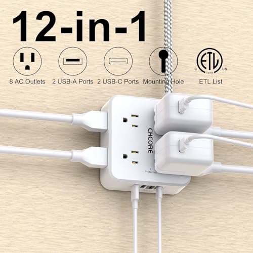 Surge Protector Power Strip - CHCORE 5Ft Braided Extension Cord with 8 Outlets with 4 USB (2 USB C) Charging Ports, Flat Plug Multi Plug Outlet... Surge Protector Power Strip - CHCORE 5Ft Braided Extension Cord with 8 Outlets with 4 USB (2 USB C) Charging Ports, Flat Plug Multi Plug Outlet...