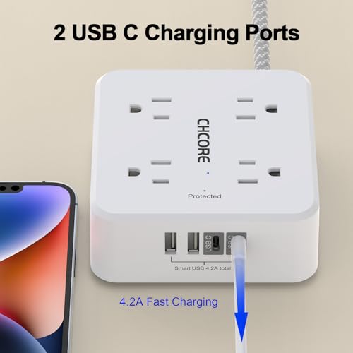 Surge Protector Power Strip - CHCORE 5Ft Braided Extension Cord with 8 Outlets with 4 USB (2 USB C) Charging Ports, Flat Plug Multi Plug Outlet... Surge Protector Power Strip - CHCORE 5Ft Braided Extension Cord with 8 Outlets with 4 USB (2 USB C) Charging Ports, Flat Plug Multi Plug Outlet...