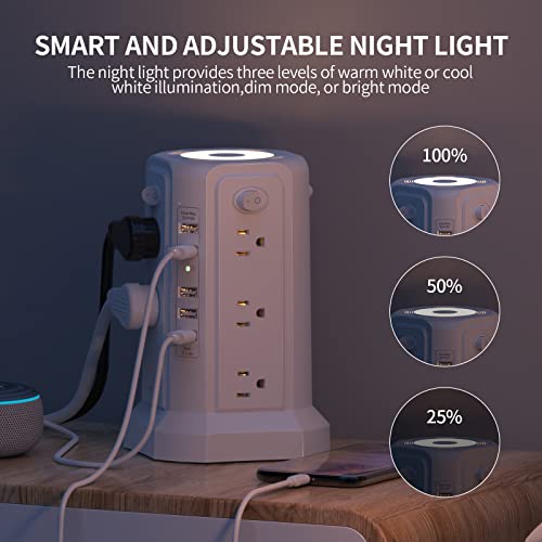 Surge Protector Power Strip Tower with 5 USB Ports and Night Light, 10FT Extension Cord with 12 AC Multiple Outlets, PASSUS Power Tower, Overload...