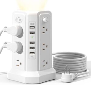 Surge Protector Power Strip Tower with 5 USB Ports and Night Light, 10FT Extension Cord with 12 AC Multiple Outlets, PASSUS Power Tower, Overload...