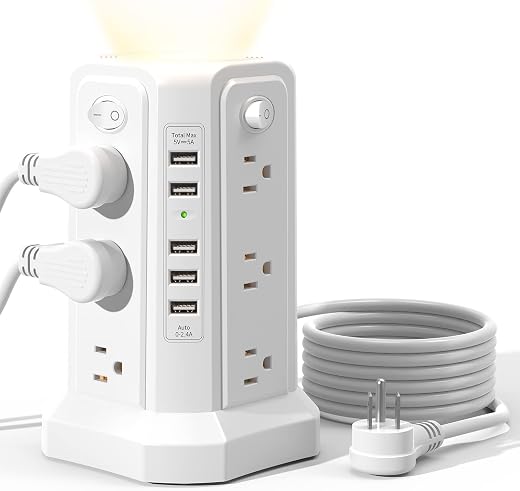 Surge Protector Power Strip Tower with 5 USB Ports and Night Light, 10FT Extension Cord with 12 AC Multiple Outlets, PASSUS Power Tower, Overload...