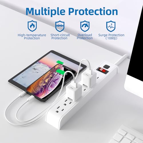 TiFFCOFiO Surge Protector Power Strip, 6 Feet Extension Cord, 600 Joules Surge Protection, Multiple Protection 6 Outlet Strip, 14 AWG Cord,...