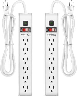 TiFFCOFiO Surge Protector Power Strip, 6 Feet Extension Cord, 600 Joules Surge Protection, Multiple Protection 6 Outlet Strip, 14 AWG Cord,... TiFFCOFiO Surge Protector Power Strip, 6 Feet Extension Cord, 600 Joules Surge Protection, Multiple Protection 6 Outlet Strip, 14 AWG Cord,...