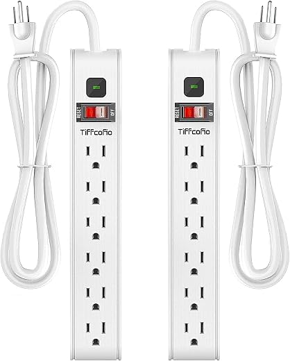 TiFFCOFiO Surge Protector Power Strip, 6 Feet Extension Cord, 600 Joules Surge Protection, Multiple Protection 6 Outlet Strip, 14 AWG Cord,...