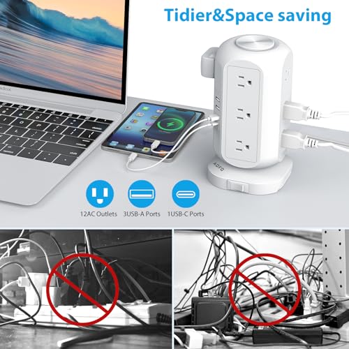 Tower Power Strip Flat Plug with 12 Outlets 4 USB(1 USB C),AOFO Power Strip Charging Station with Overload Protection, Widely Spaced Multiple...