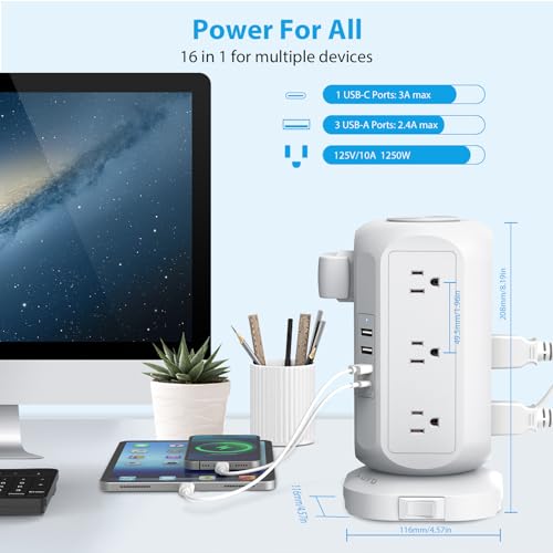 Tower Power Strip Flat Plug with 12 Outlets 4 USB(1 USB C),AOFO Power Strip Charging Station with Overload Protection, Widely Spaced Multiple...