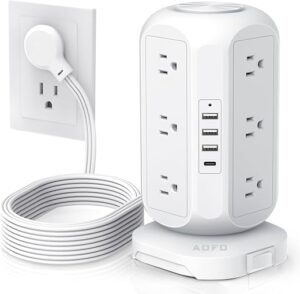Tower Power Strip Flat Plug with 12 Outlets 4 USB(1 USB C),AOFO Power Strip Charging Station with Overload Protection, Widely Spaced Multiple...