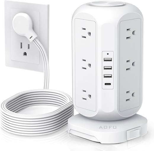 Tower Power Strip Flat Plug with 12 Outlets 4 USB(1 USB C),AOFO Power Strip Charging Station with Overload Protection, Widely Spaced Multiple...