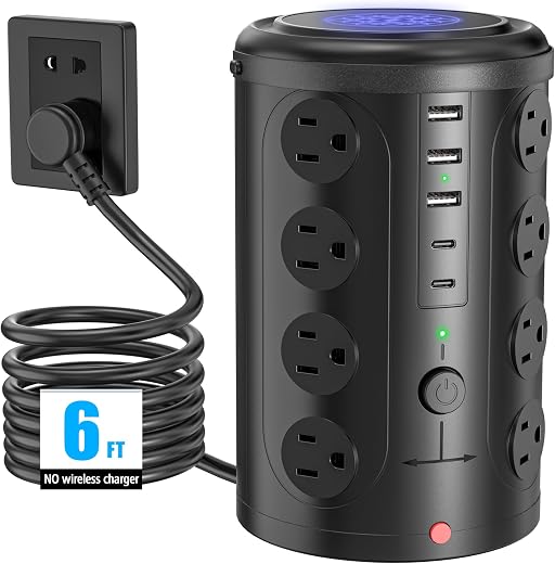 Tower Power Strip Surge Protector with 16 Outlets and 5 USB Ports (2 USB-C), 6FT Extension Cord with Multiple Outlets,Heavy Duty Charging...