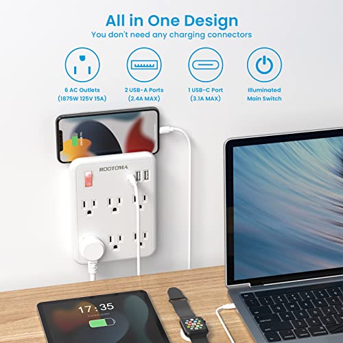 USB Wall Outlet Extender with On Off Switch, Surge Protector Outlet,6 AC Multi-Plug with 3 USB Ports (1 USB C), 490 Joules, Flat Socket Splitter...
