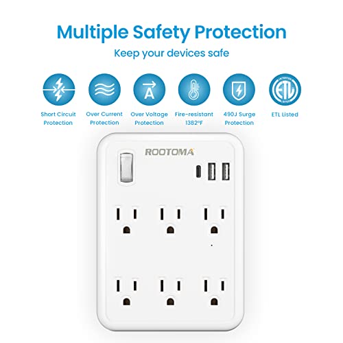 USB Wall Outlet Extender with On Off Switch, Surge Protector Outlet,6 AC Multi-Plug with 3 USB Ports (1 USB C), 490 Joules, Flat Socket Splitter...