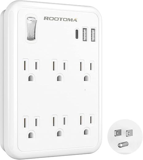 USB Wall Outlet Extender with On Off Switch, Surge Protector Outlet,6 AC Multi-Plug with 3 USB Ports (1 USB C), 490 Joules, Flat Socket Splitter...